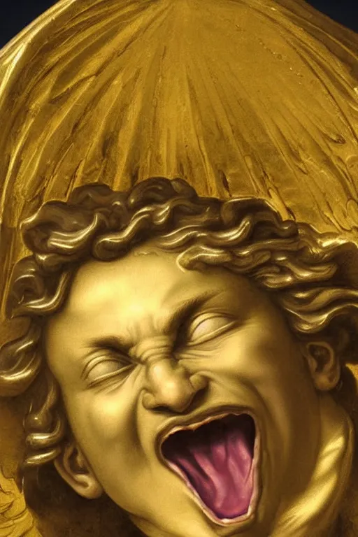 Prompt: archangel Michael, screaming face, closeup, ultra detailed, made in gold, Guido Reni style