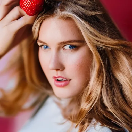 Image similar to a portrait photograph of a curvy, radiant, bubbly, 2 5 - year - old canadian plus - size model, strawberry - blond hair, creamy skin, portrait canon 8 5 mm f 1. 2 photograph head and shoulders portrait