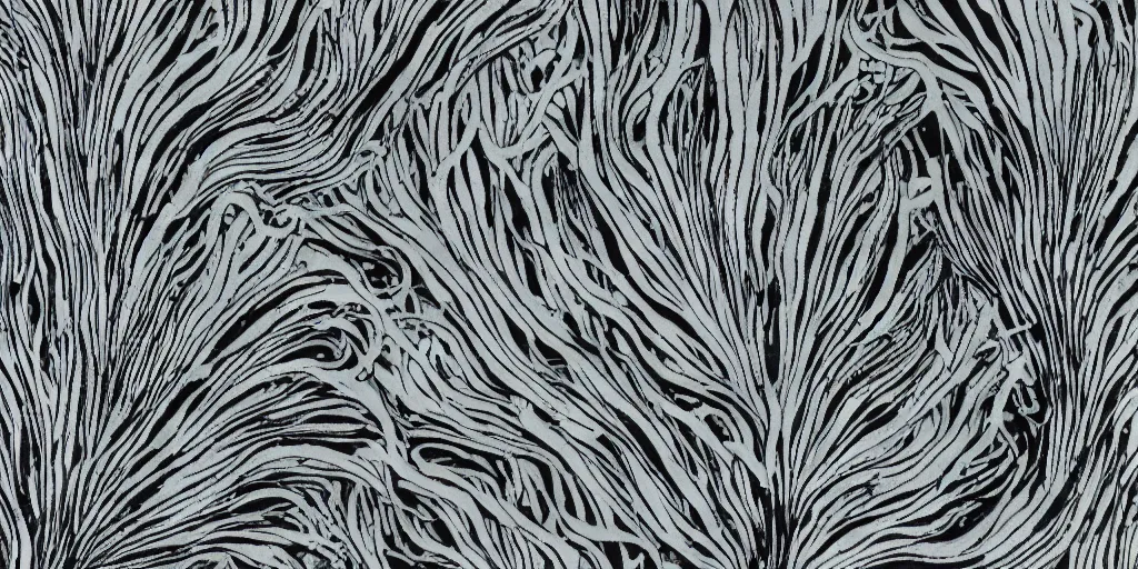 Image similar to bladder wrack and dulse seaweed, decorative design against a grey background, done in Japanese ink style