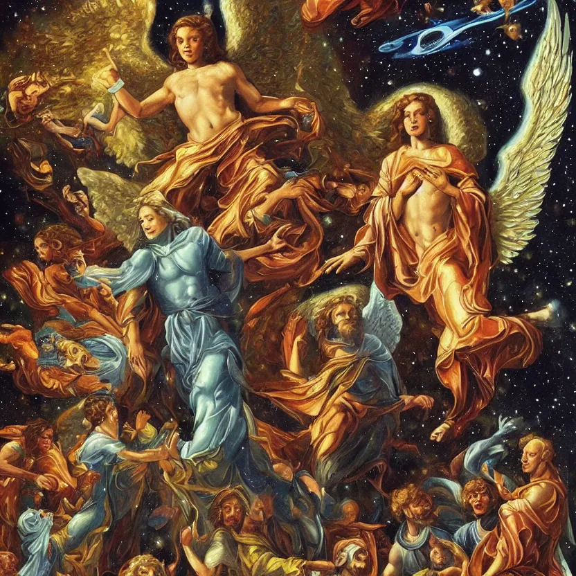 Prompt: biblically accurate angel in space. pulp sci - fi art for omni magazine. high contrast. baroque period, oil on canvas. renaissance masterpiece.
