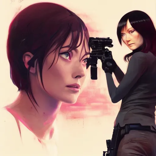 Image similar to olivia wilde holding a blaster, very very anime!!!, fine - face, realistic shaded perfect face, fine details. anime. realistic shaded lighting poster by ilya kuvshinov katsuhiro otomo ghost - in - the - shell, magali villeneuve, artgerm, jeremy lipkin and michael garmash and rob rey