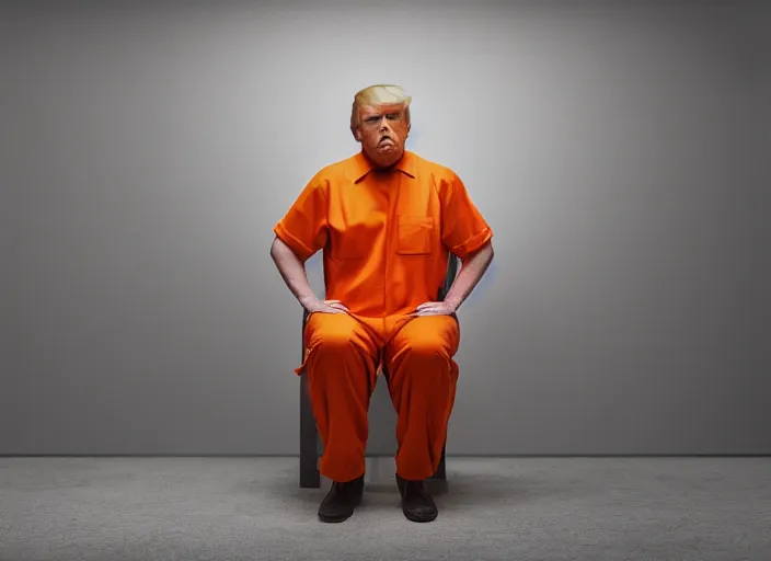 Image similar to portrait photo of donald trump sitting in a jail cell wearing an orange jumpsuit, studio lighting, key light, 8 k, 8 5 mm f 1. 8