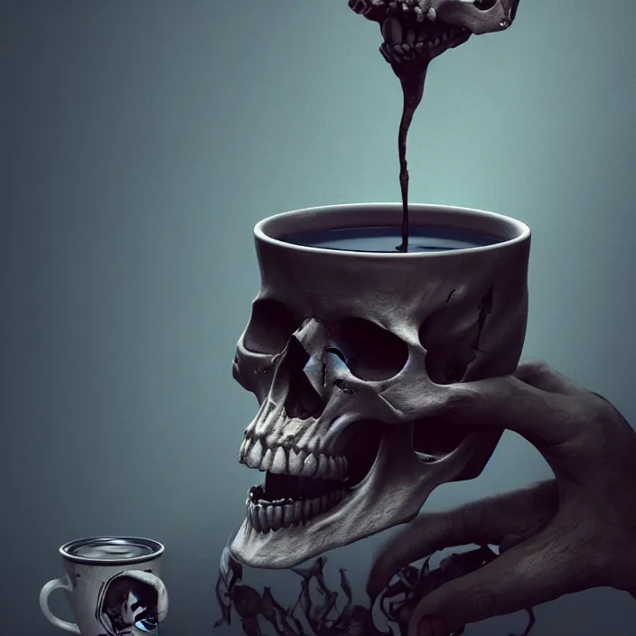 Prompt: skull, floating in coffee cup. intricate. octane render, trending on artstation, greg rutkowski very coherent symmetrical artwork. cinematic, hyper realism, high detail, octane render, 8 k, iridescent accents