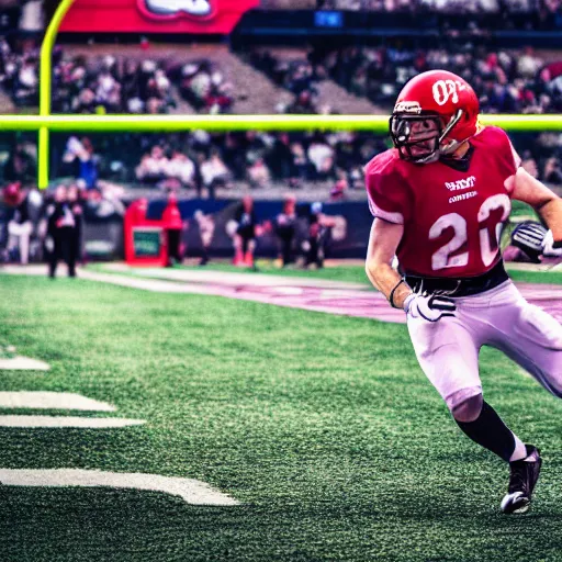 Prompt: pat freiermuth catching a touchdown in the corner of the endzone, 8k photograph, cinematic lens effects, highly detailed,