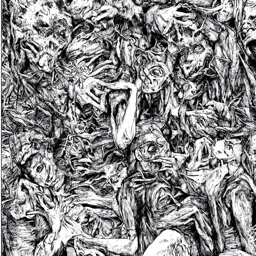Prompt: horrors beyond comprehension, art by junji ito, manga, vile, grotesque, clear, detailed background, shading, black and white, highly detailed