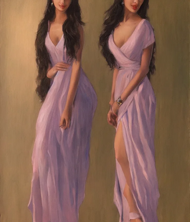 Image similar to Kiara Advani in V-neck minidress. history painting, dusk, flowy dress, artstation, oil on canvas, by Albert Aublet, Private Collection