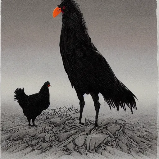 Image similar to a majestic black chicken with royal 'red!!! comb!!!', colored ultra-detailed pen and ink illustration, matte painting, concept art, impossible fine lines, by John Kenn Mortensen