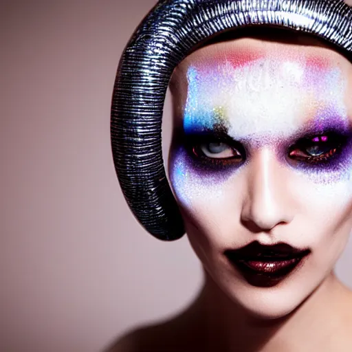 Prompt: alien fashion model close up looking into lens heavy bokeh studio lighting