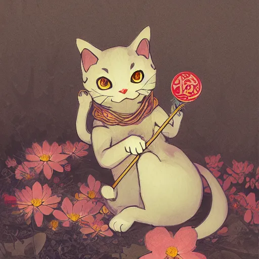 Image similar to A cute maneki neko waving, flowers around, D&D, fantasy, intricate, cinematic lighting, highly detailed, digital painting, artstation, concept art, smooth, sharp focus, illustration, art by Akihiko Yoshida, Greg Rutkowski and Alphonse Mucha