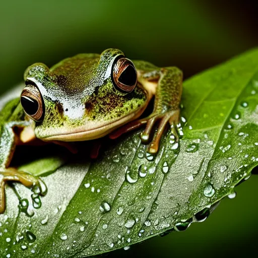 Prompt: a national geographic close-up photograph of a rat-frog on a leaf, in the rain.