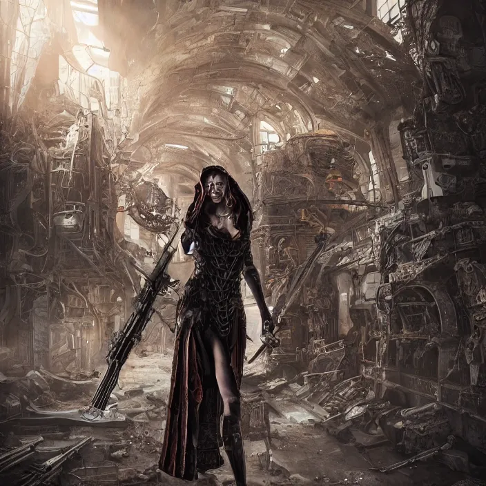 Image similar to apocalyptic woman in hood standing in hall of machinery and weaponry, hyper - detailed, smooth, sharp focus, 4 k ultra hd, fantasy dark art