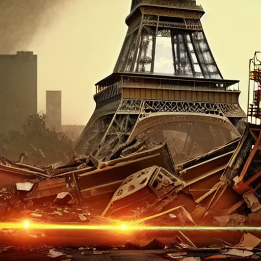 Image similar to A beautiful intricate 8K award-winning ground-level cinematic movie photograph of the future rusting rubble of the fallen and decimated Eiffel Tower, lying in pieces on the ground, surrounded by neon and collapsing corporate video billboard displays. in the year 2050, by Bruno Delbonnel and greg rutkowski. octane render, Arri Alexa 65. Cinematic lighting