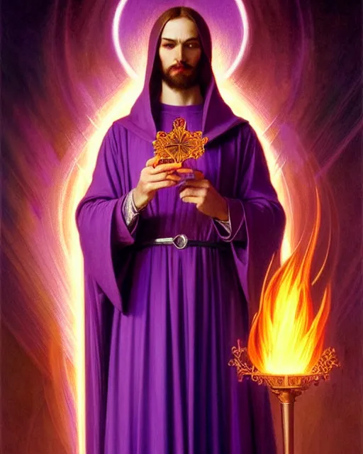 Image similar to violet fire, portrait of saint germain holding a violet colored flame, purple fire, intricate, elegant, highly detailed, digital painting, artstation, concept art, smooth, sharp focus, illustration, art by artgerm and greg rutkowski and fra angelico and alphons mucha