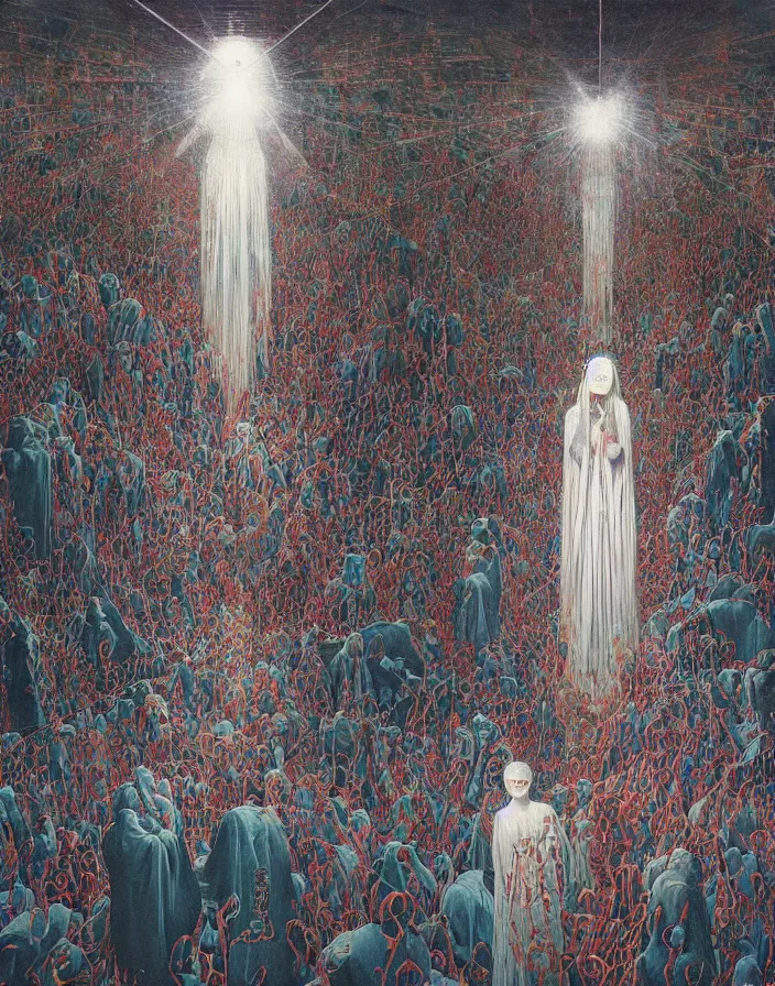 Image similar to worshippers in robes belonging to the cult of the crystal light gather inside a sma room around the big glowing crystal, big glowing crystal radiating white light, interior, high detailed beksinski painting, part by adrian ghenie and gerhard richter. art by takato yamamoto. masterpiece, deep colours