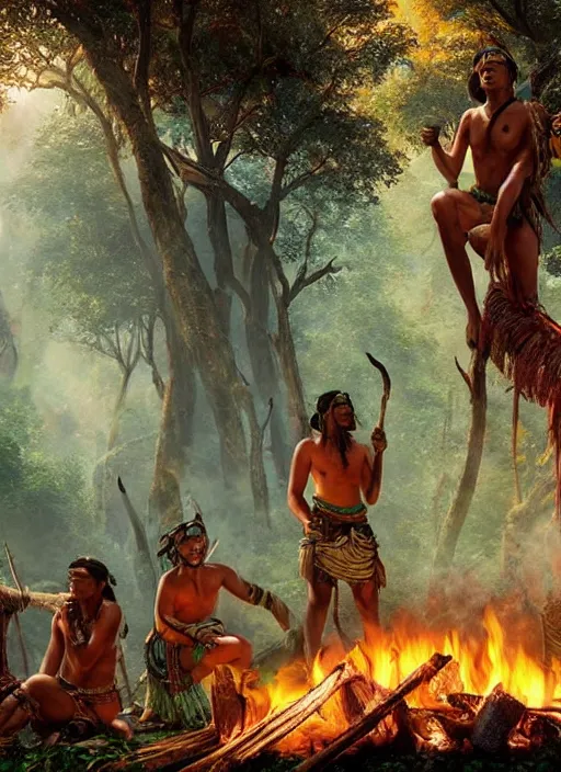 Image similar to a beautiful matte painting of an indigenous tribe around a fire in the jungle, fantasy art, epic lighting, beautiful composition, matte painting, highly detailed