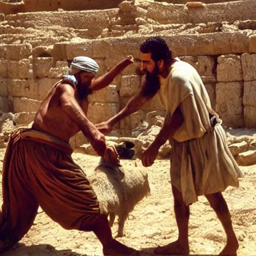 Image similar to cinematic still of angered middle eastern skinned man in ancient Canaanite farmer clothing stabbing a middle eastern skinned shepherd in ancient Canaanite shepherd clothing, garden background, directed by Christopher Nolan