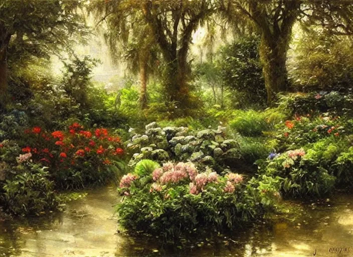 Image similar to oil painting by james gurney of a secret garden, some edges lost, high contrast, subtle tones, calm, serene landscape, beautiful detailed garden painting