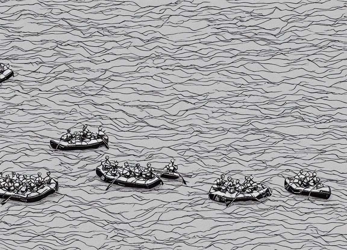 Image similar to a river rafting crew floating down a river, minimalist line drawing, clean long lines, ultra detailed