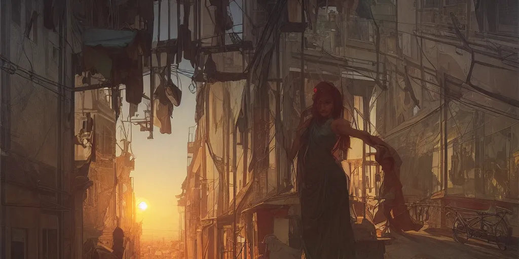 Prompt: seen from broken window!! karachi streets,, sunset in background, detailed, alphonse mucha, greg rutkowski, trending on artstation, artgerm, breathtaking, sharp focus, smooth, mark arian, award winning, highly detailed 4 k art