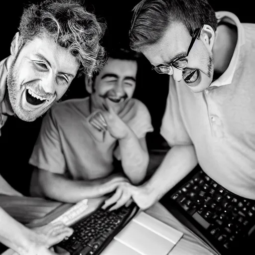 Image similar to several guys looking at a laptop screen laughing, colour photograph, studio light 35mm