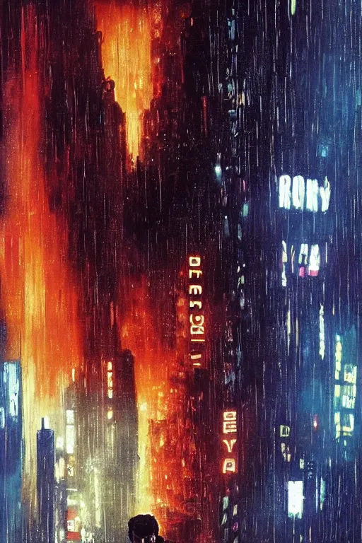 Image similar to a moving painting of the final scene of blade runner where replicant roy batty realizes the very absurdity of life when all memories will be lost in time like tears in the rain, in the style of blade runner, ridley scott