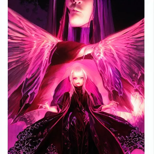 Image similar to young vampire princess with burning wings 4 k high definition colorful pink and black dramatic lighting artstation trending path traced contrast light and dark cinematic breathtaking by noriyoshi ohrai, patrick woodroffe, and hans zatzka