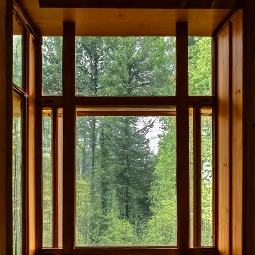 Prompt: a window with a view of a rainy european forest outside,it's getting dark, beautful view,winning award photo,4k