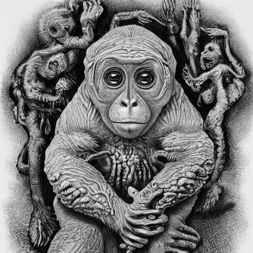 Image similar to measles on a deformed hideous pustule covered monkey, sores, bumps, skin wounds, surface hives, growths, horror, fantasy, highly detailed, by Dan Hillier and Ernst Haeckel