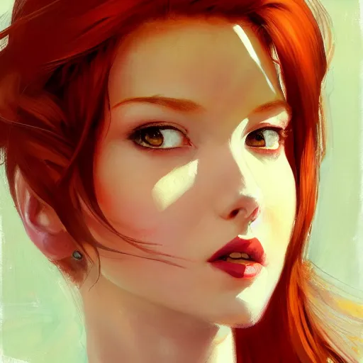 Prompt: greg manchess close up portrait painting of redhead beauty as manga character, medium shot, asymmetrical, profile picture, organic painting, sunny day, matte painting, bold shapes, hard edges, street art, trending on artstation, by huang guangjian and gil elvgren and sachin teng