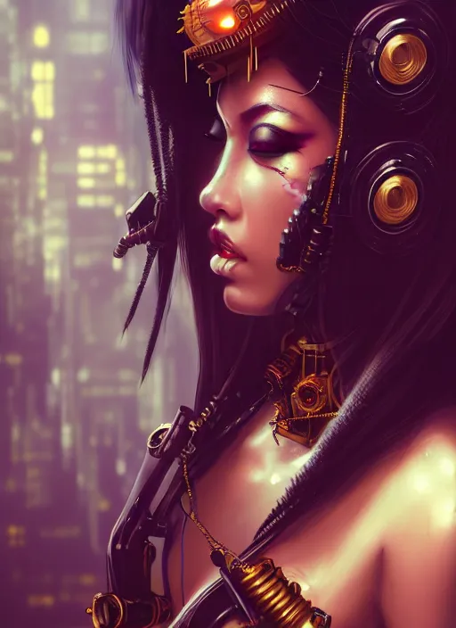 Image similar to soft lustrous seductive ebony geisha raver gutter punk steampunk cyborg, golden ratio, details, scifi, fantasy, cyberpunk city, intricate, decadent, highly detailed, octane render, digital painting, artstation, concept art, sharp focus, illustration, art by artgerm, loish, wlop