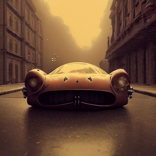 Image similar to cyber vintage supercar slick, warm tones : by michal karcz, daniel merriam, victo ngai and guillermo del toro : ornate, dynamic, particulate, intricate, elegant, highly detailed, centered, artstation, smooth, sharp focus, octane render