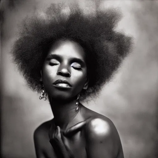 Image similar to afro vampire woman photographed by sally mann, vogue magazine