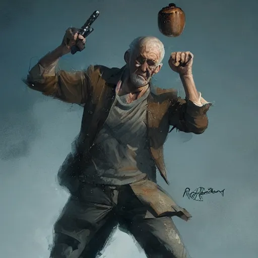 Image similar to old man photo, throwing hand grenade, greg rutkowski art