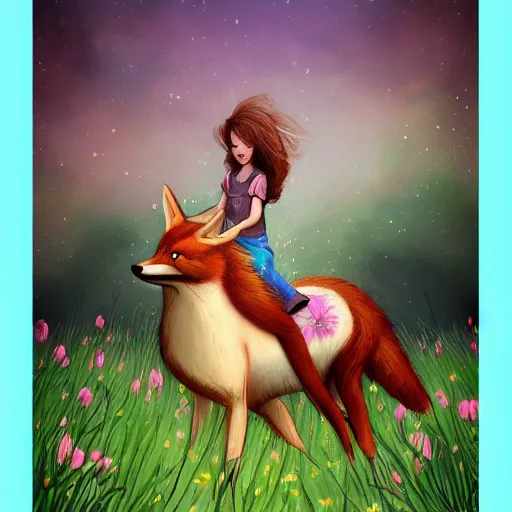 Image similar to girl riding a giant fox in a field of flowers, trending on artstation