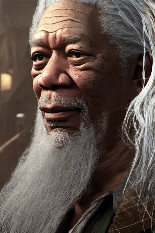 Prompt: morgan freeman starring as gandalf in lord of the rings, cybertronian, long shot, cinematography by wes anderson, 4 k octane render, intricate detail, photorealistic, cinematic lighting, artstation