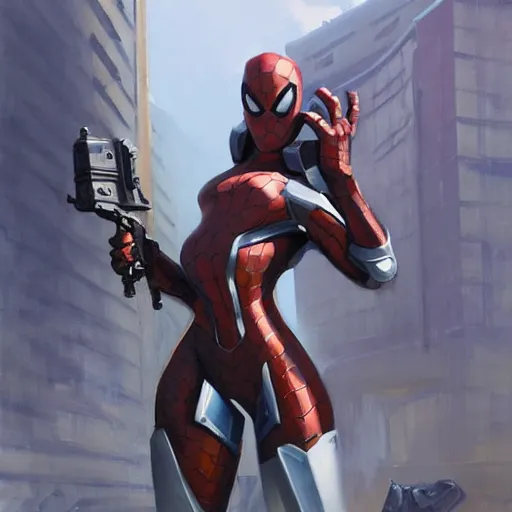 Image similar to greg manchess portrait painting of partially armored female iron spiderman as overwatch character, medium shot, asymmetrical, profile picture, organic painting, sunny day, matte painting, bold shapes, hard edges, street art, trending on artstation, by huang guangjian, gil elvgren, ruan jia, greg rutkowski, gaston bussiere