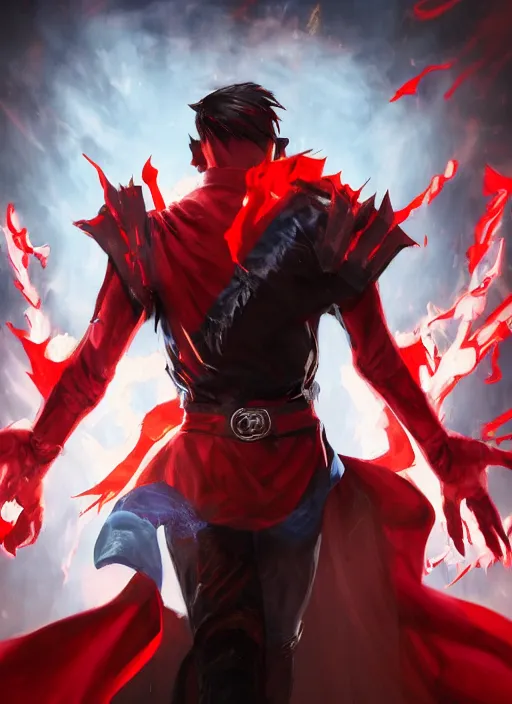 Image similar to An epic fantasy comic book style portrait painting of a young man with black and red cowlick haircut, red eyes, wearing an red shirt with X symbol, black overcoat, blue jeans. He is surrounded by red energy. Wearing a power scouter. Unreal 5, DAZ, hyperrealistic, octane render, cosplay, RPG portrait, dynamic lighting