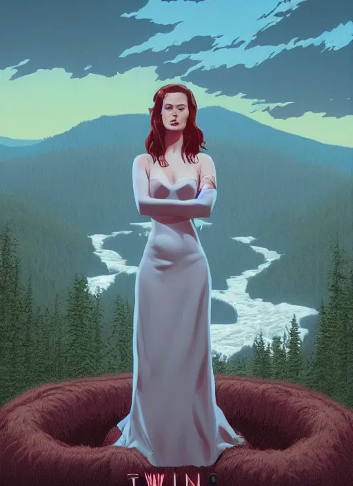 Prompt: Twin Peaks romance movie poster artwork by Michael Whelan and Tomer Hanuka, Rendering of a bride from scene from Twin Peaks, full of details, by Makoto Shinkai and thomas kinkade, Matte painting, trending on artstation and unreal engine