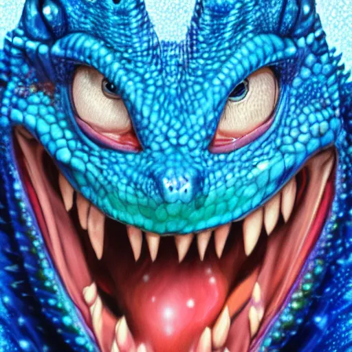 Image similar to president donald j clinton as a smiling laughing bright blue lizard person, airbrush painting, hyper detailed, 8 k, photorealism, rule of thirds, glitter.