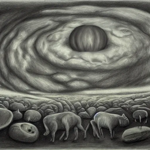 Image similar to surrealism drawing of the end of the world., horror,