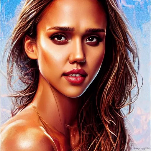 Image similar to jessica alba in the style of stefan kostic, realistic, full body, sharp focus, 8 k high definition, insanely detailed, intricate, elegant, art by stanley lau and artgerm