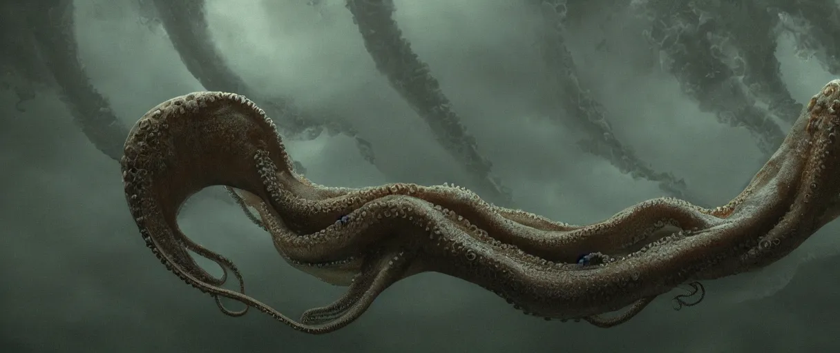 Image similar to a giant octopus tentacle hanging from the clouds over a rain forest, still from the movie the arrival, 8k