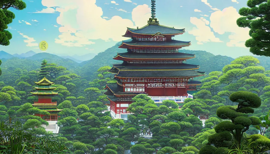 Image similar to misty clouds, japanese buddhist temple with lush plants and secret doors, wes anderson style hotel temple, magic chairlifts. hyper detailed, architectural concept, full building, dynamic angle, intricate, lineart, cerpuscular rays, lily flowers. by yoshitaka amano, alfons mucha and makoto shinkai. 8 k