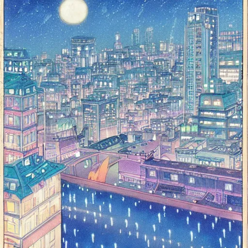 Image similar to a city at night, studio ghibli