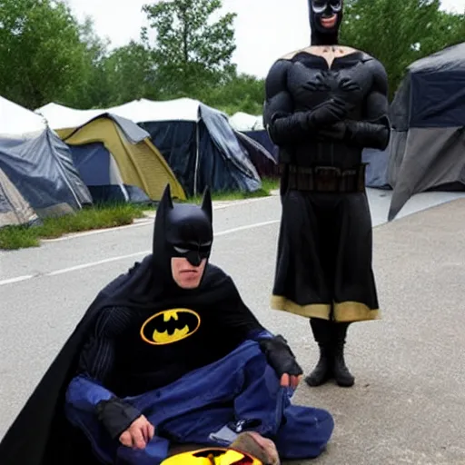 Prompt: homeless batman panhandling outside of a tent city