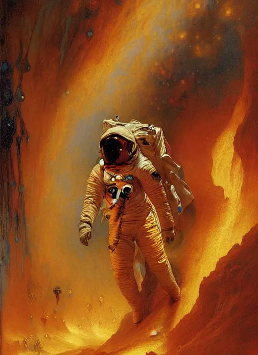 Image similar to an astronaut entering the seventh circle of hell from dante's divine comedy with lots of colours. highly detailed painting by gaston bussiere, craig mullins, j. c. leyendecker 8 k