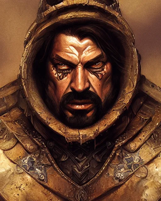 Prompt: digital painting of an angry hernan cortes by filipe pagliuso and justin gerard, symmetric, detailed, intricate, portrait, digital painting, sharp focus, tarot card, handsome, concept art, alluring, game art