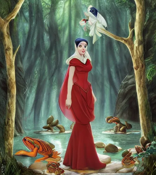 Prompt: film still of fairuz as snow white in a forest by a pond with frogs, by artgerm, makoto sinkai, magali villeneuve, Gil Elvgren, Earl Moran,Enoch Bolles, symmetrical,