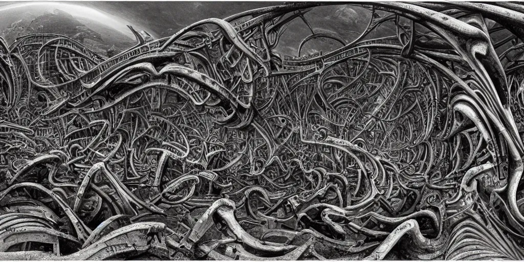 Prompt: equirectangular matte painting of a biomechanical landscape by hr giger