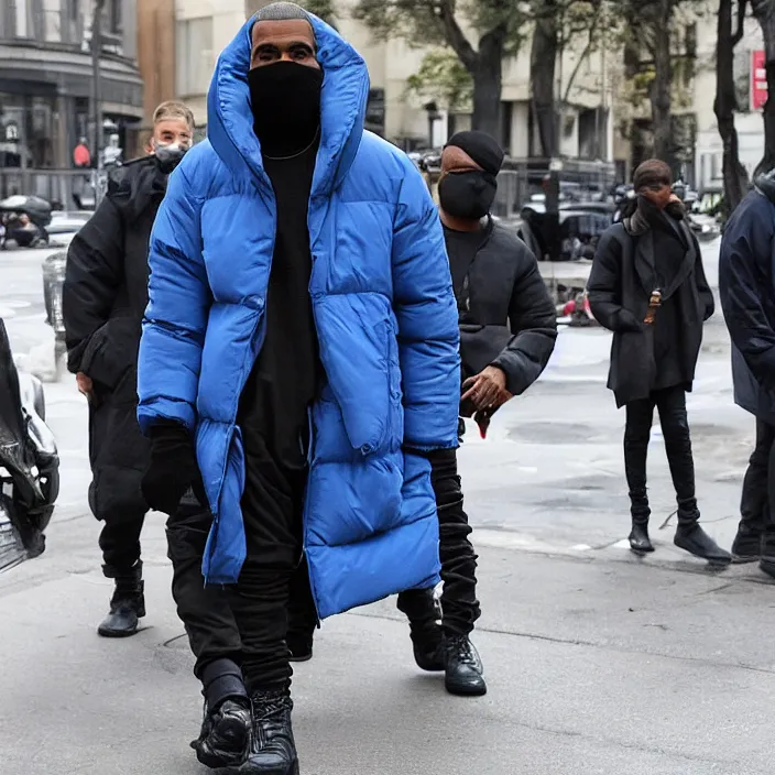 Image similar to kanye west using a full face covering black mask, a small bright blue round puffer jacket made of nylon and big black rubber boots,